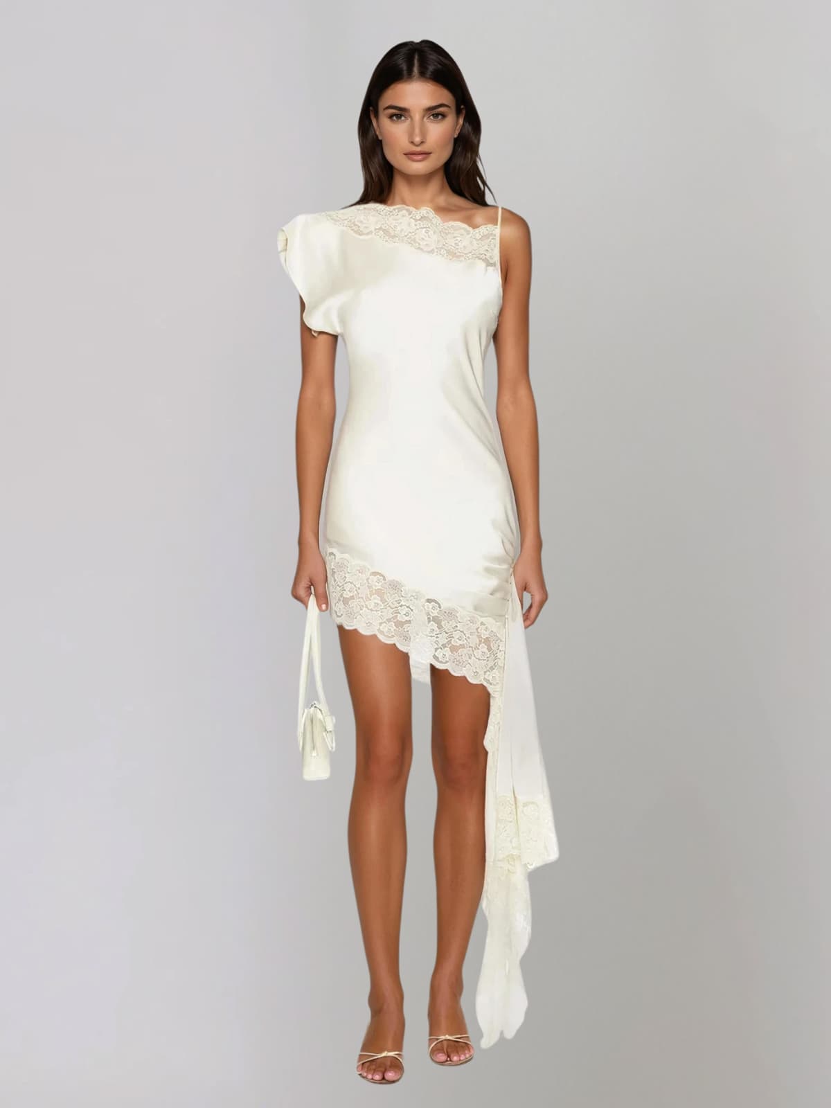 Olvex One Shoulder Lace Draped Mini Dress In White