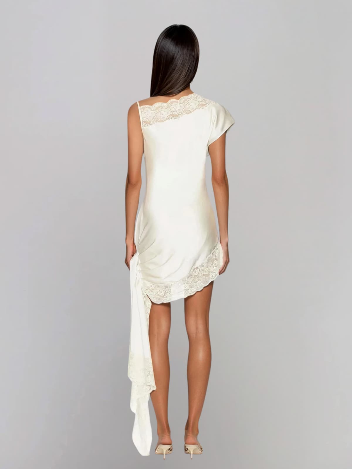 Olvex One Shoulder Lace Draped Mini Dress In White - Image 4