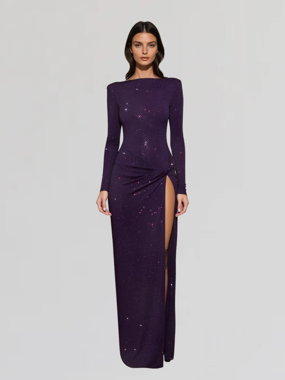 Oxavory Twisted Rhinestone Split Maxi Dress In Purple