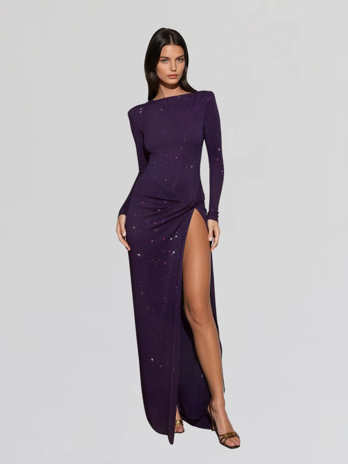 Oxavory Twisted Rhinestone Split Maxi Dress In Purple - Image 2