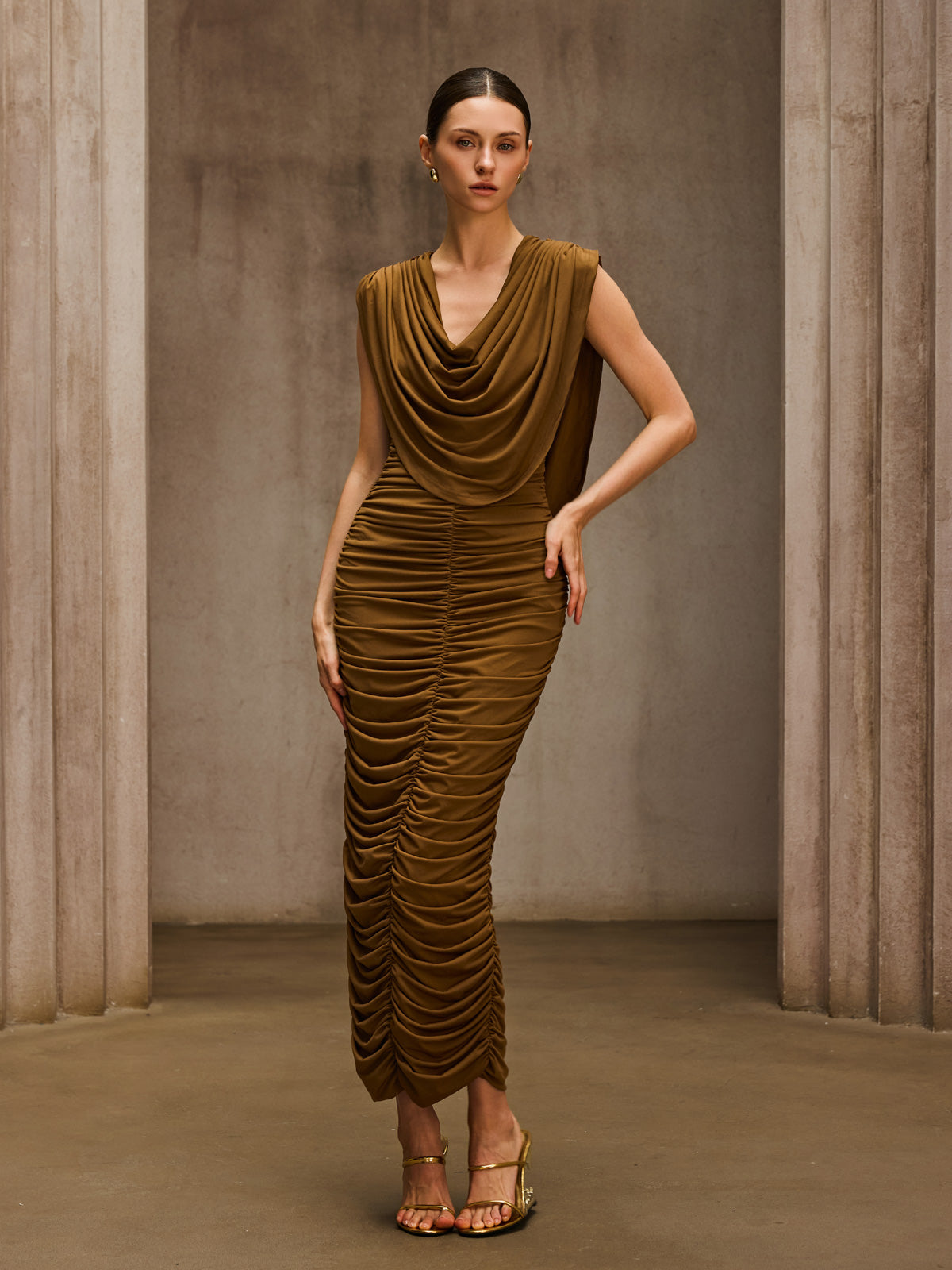Pavryn Cowl Neck Ruched Maxi Dress