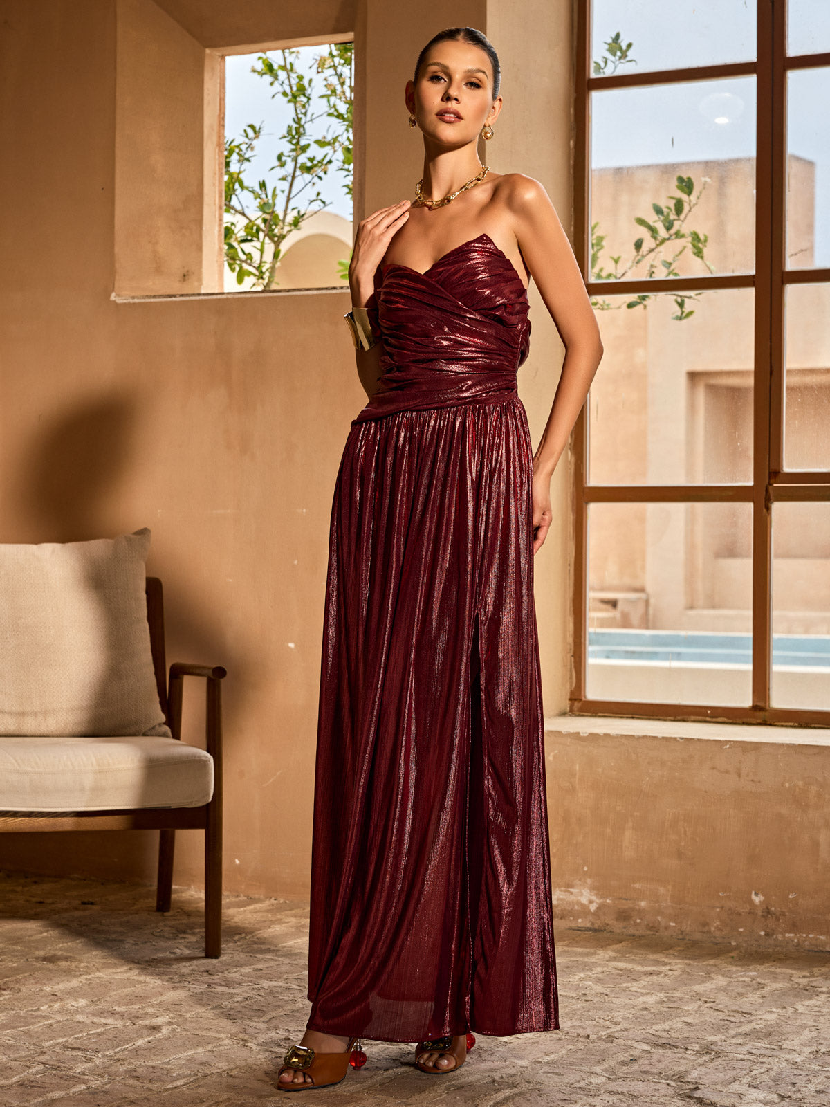 Quvory Strapless Split Metallic Maxi Dress In Wine - Image 4