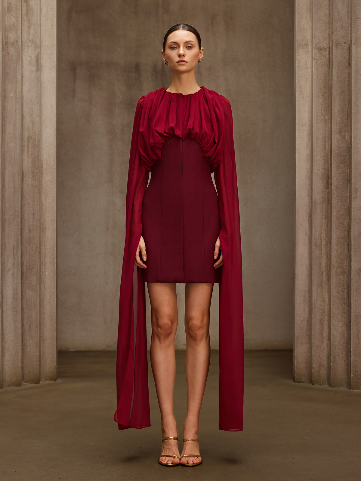 Qythera Cape Sleeve Ruched Mini Dress