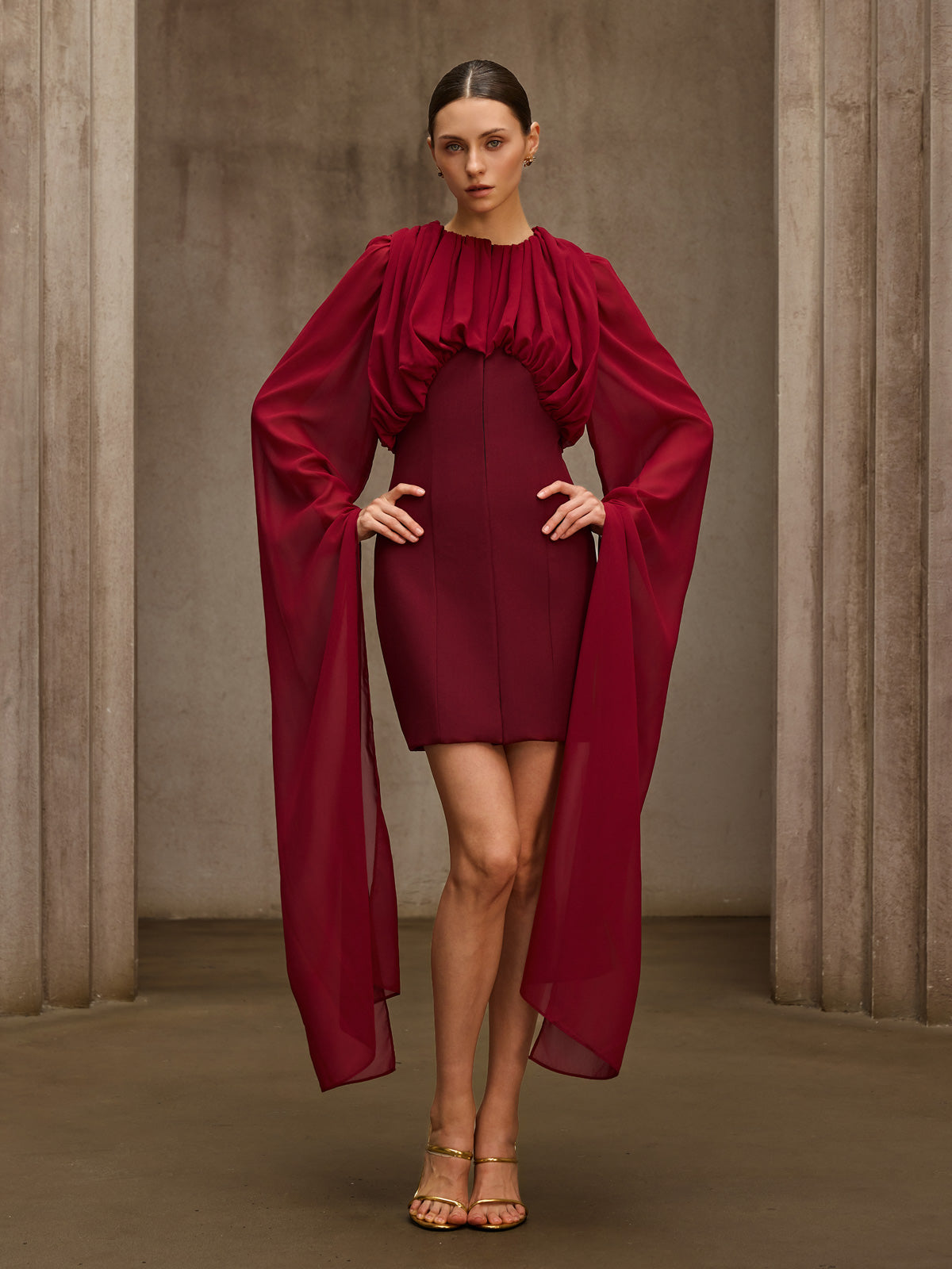 Qythera Cape Sleeve Ruched Mini Dress - Image 2