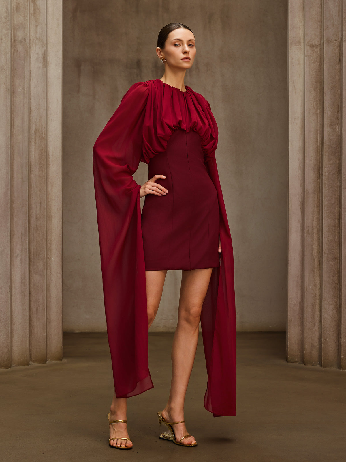 Qythera Cape Sleeve Ruched Mini Dress - Image 3