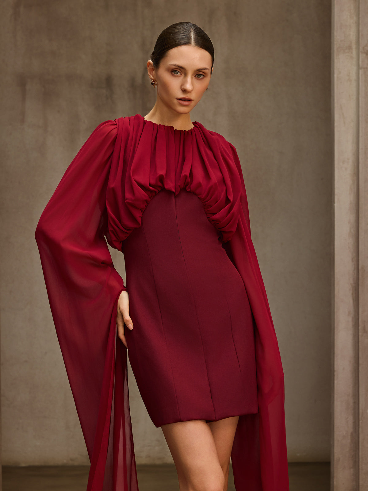 Qythera Cape Sleeve Ruched Mini Dress - Image 5