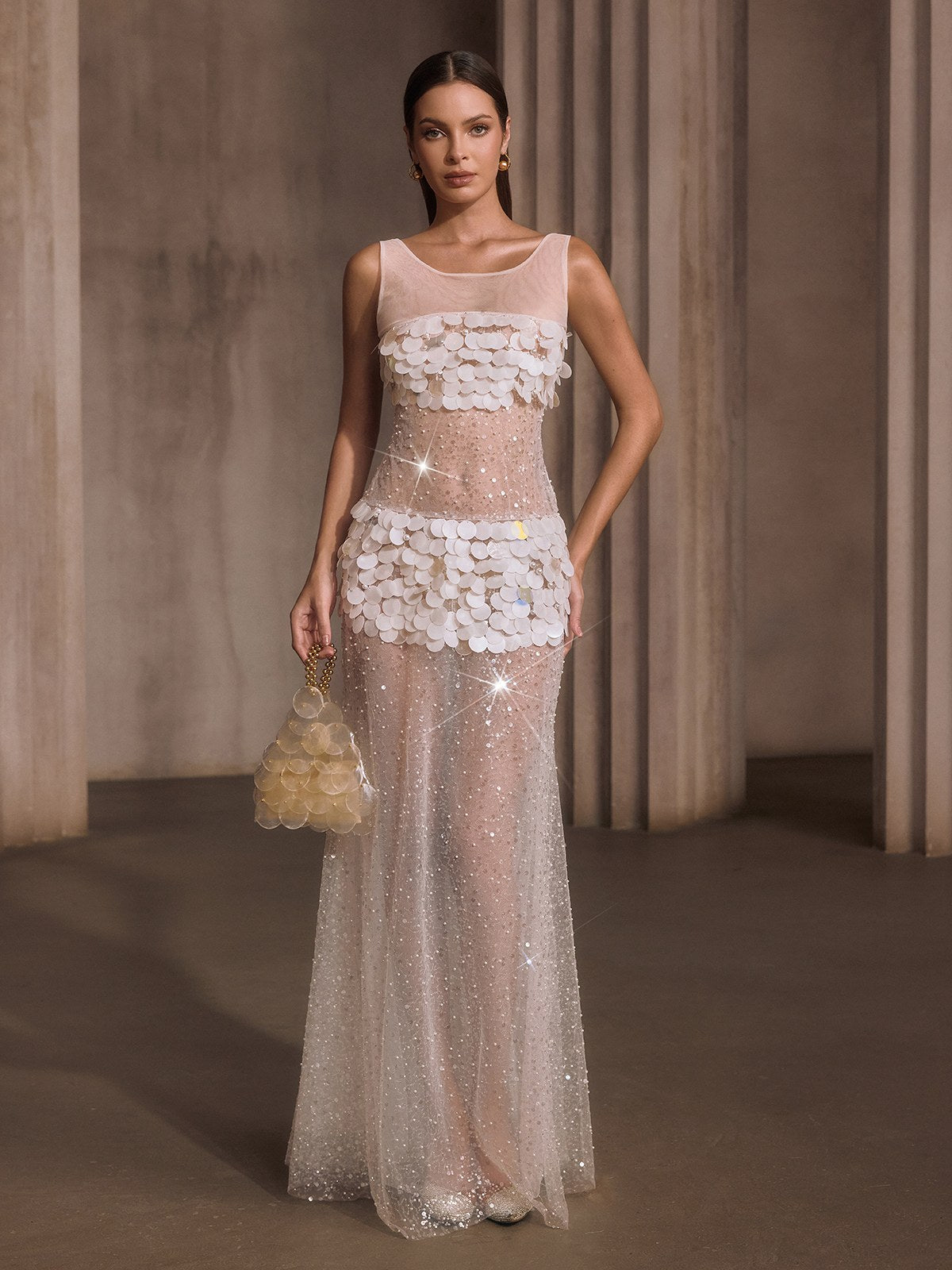 Relyxyn Pearl Sequin Mesh Maxi Dress