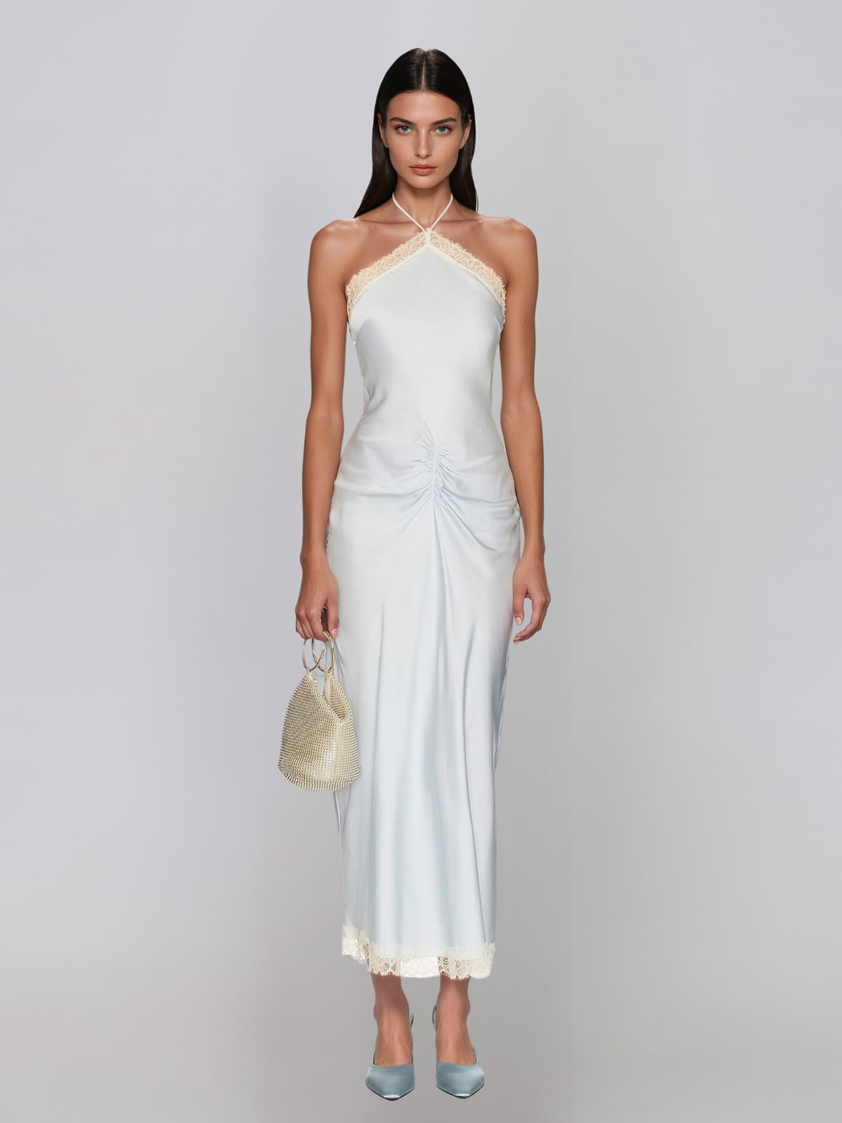 Ryndral Halterneck Lace Ruched Maxi Dress