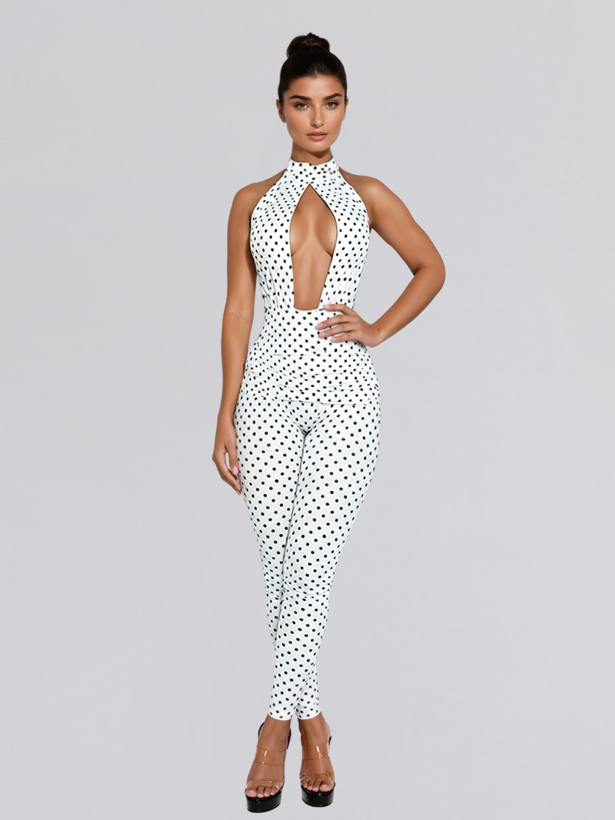 Selvaron Halterneck Dot Cutout Jumpsuit In White