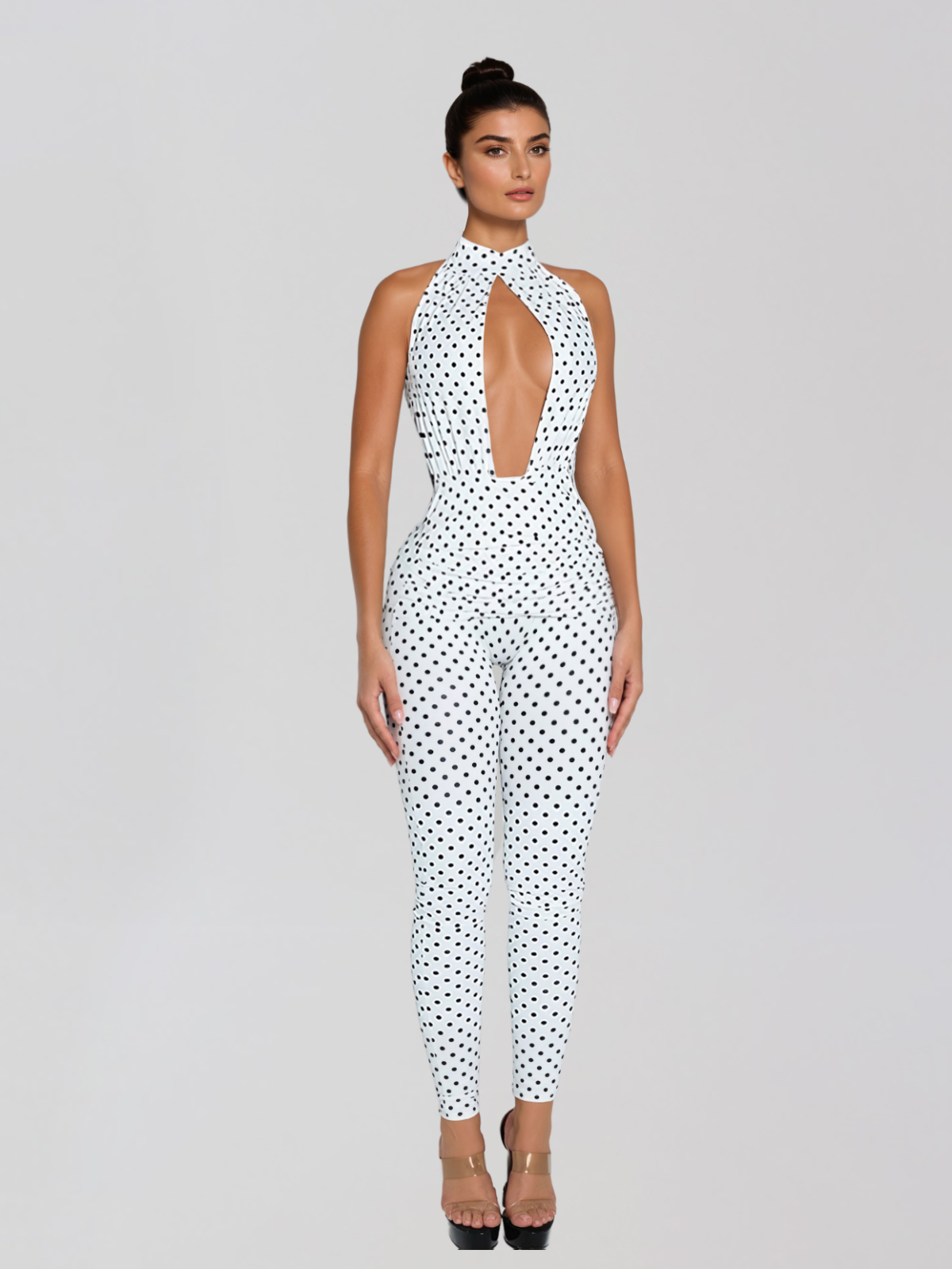 Selvaron Halterneck Dot Cutout Jumpsuit In White - Image 2