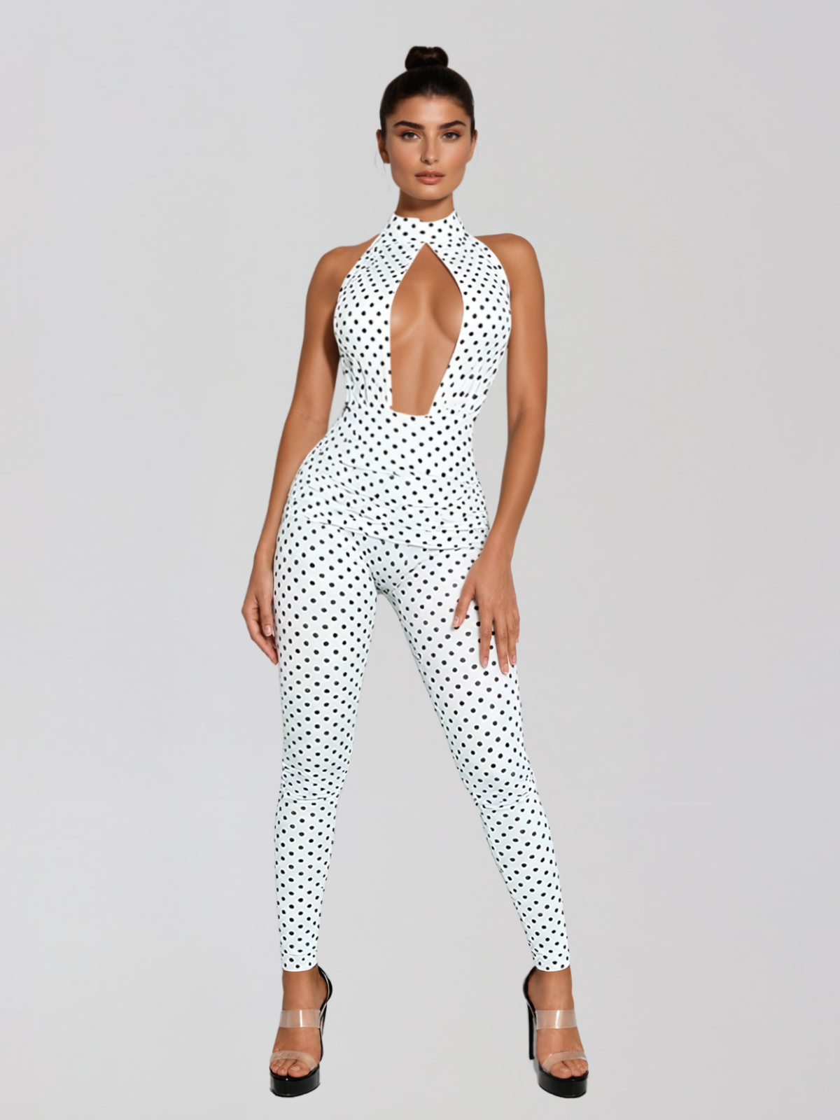 Selvaron Halterneck Dot Cutout Jumpsuit In White - Image 3