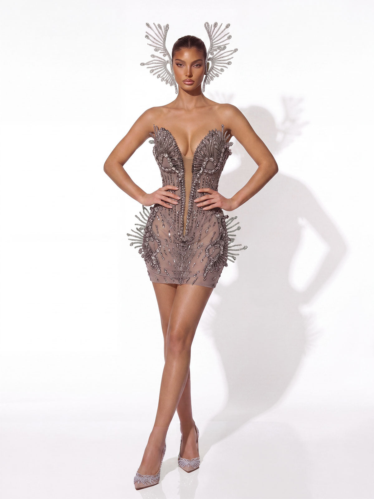 Selvoric Strapless Crystal Mini Dress With Headwear