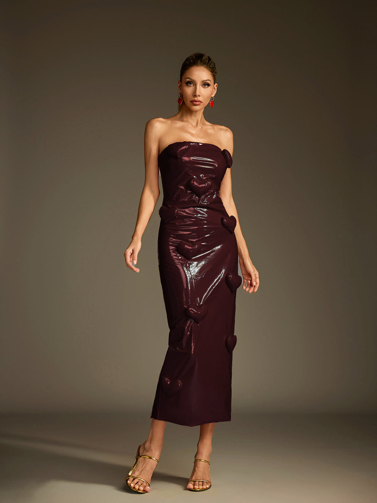 Taron Strapless Heart Leather Midi Dress In Wine - Image 3
