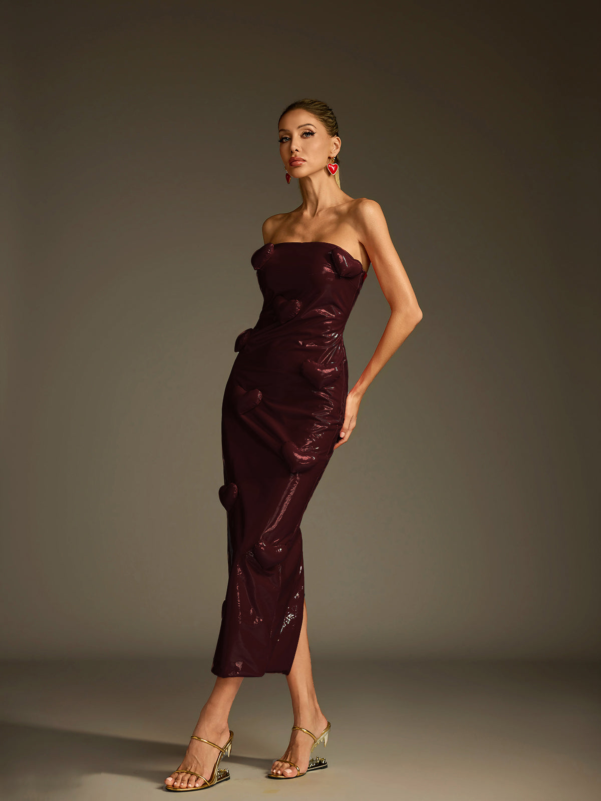 Taron Strapless Heart Leather Midi Dress In Wine - Image 4