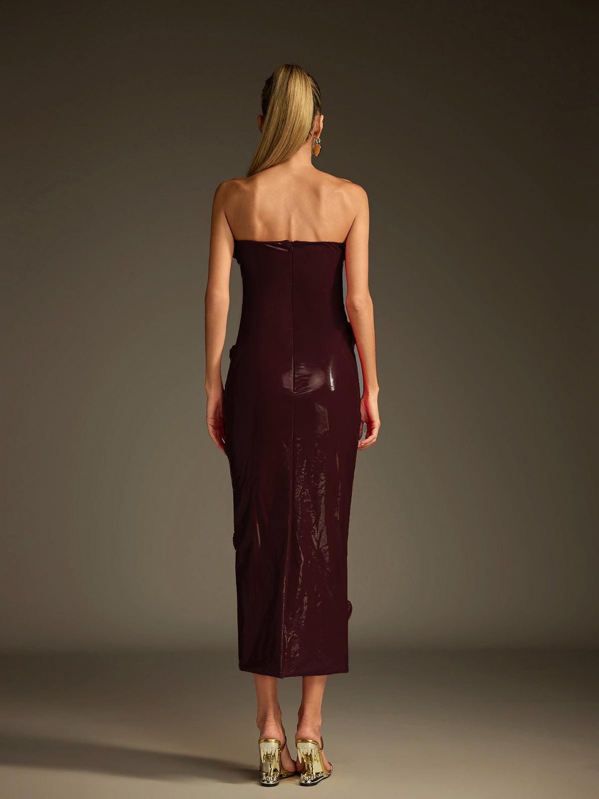 Taron Strapless Heart Leather Midi Dress In Wine - Image 6