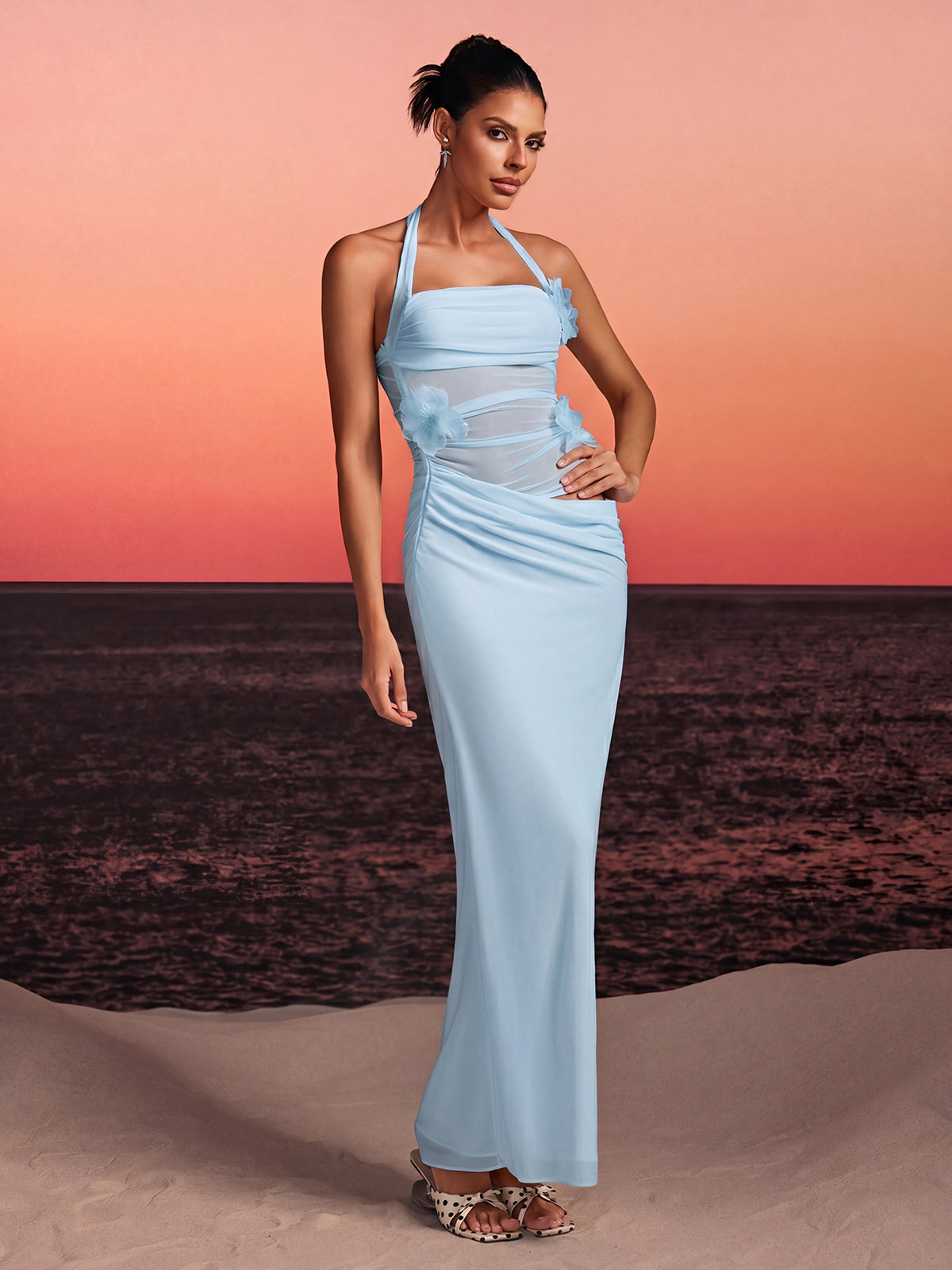 Torinex Halterneck Flower Maxi Dress In Sky