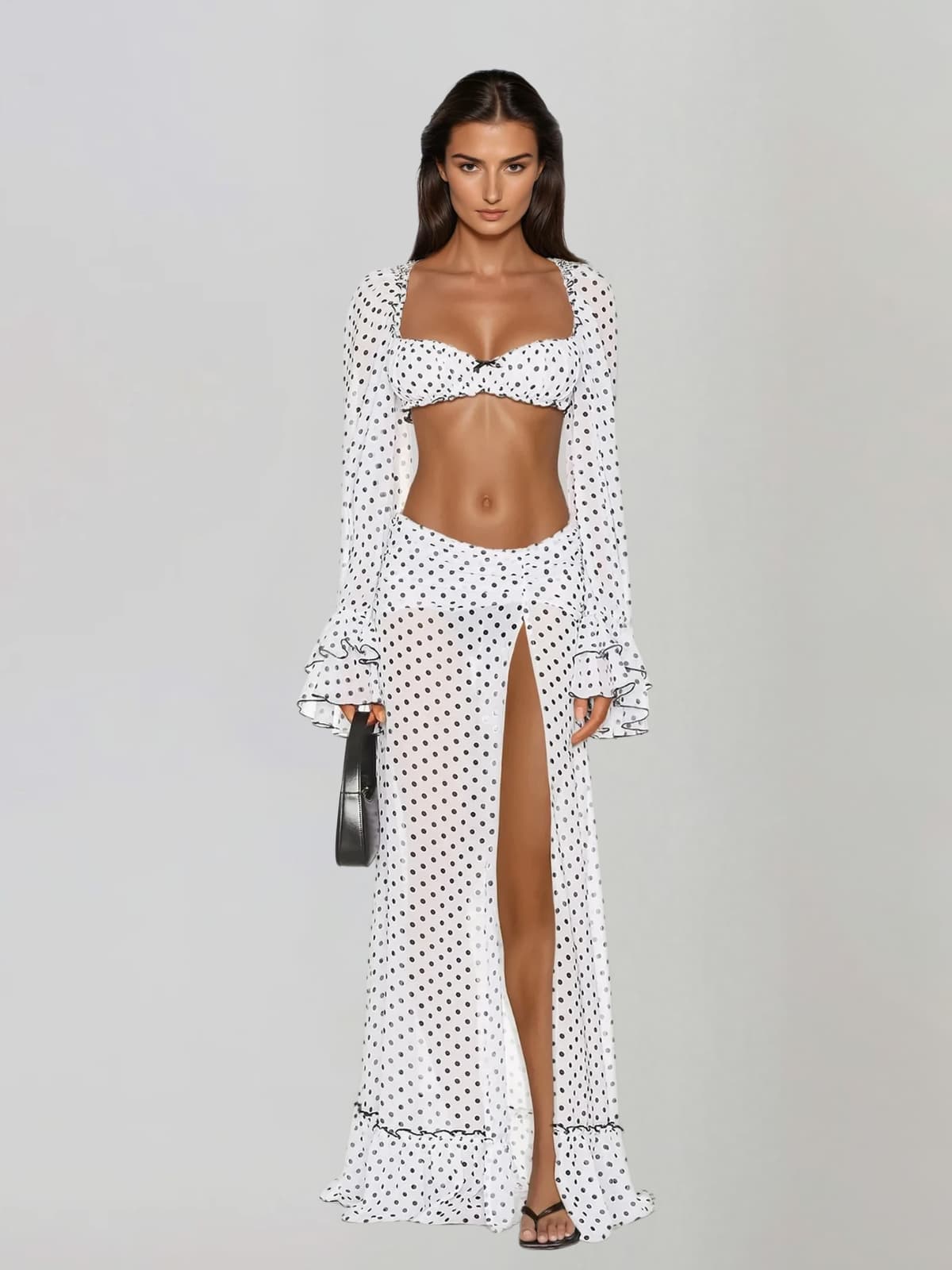 Velqis Ruffle Sleeve Dot Split Skirt Set
