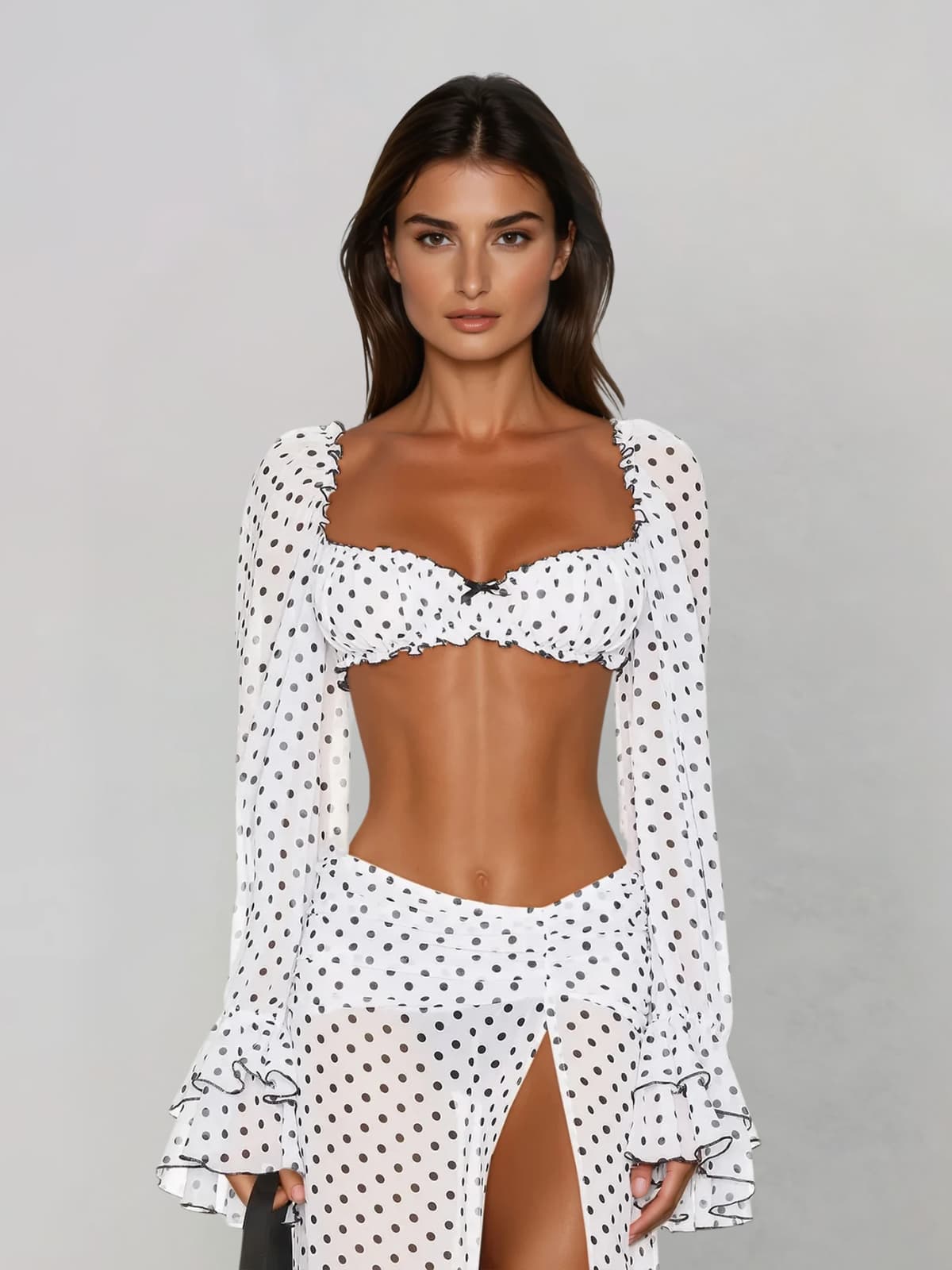 Velqis Ruffle Sleeve Dot Split Skirt Set - Image 2