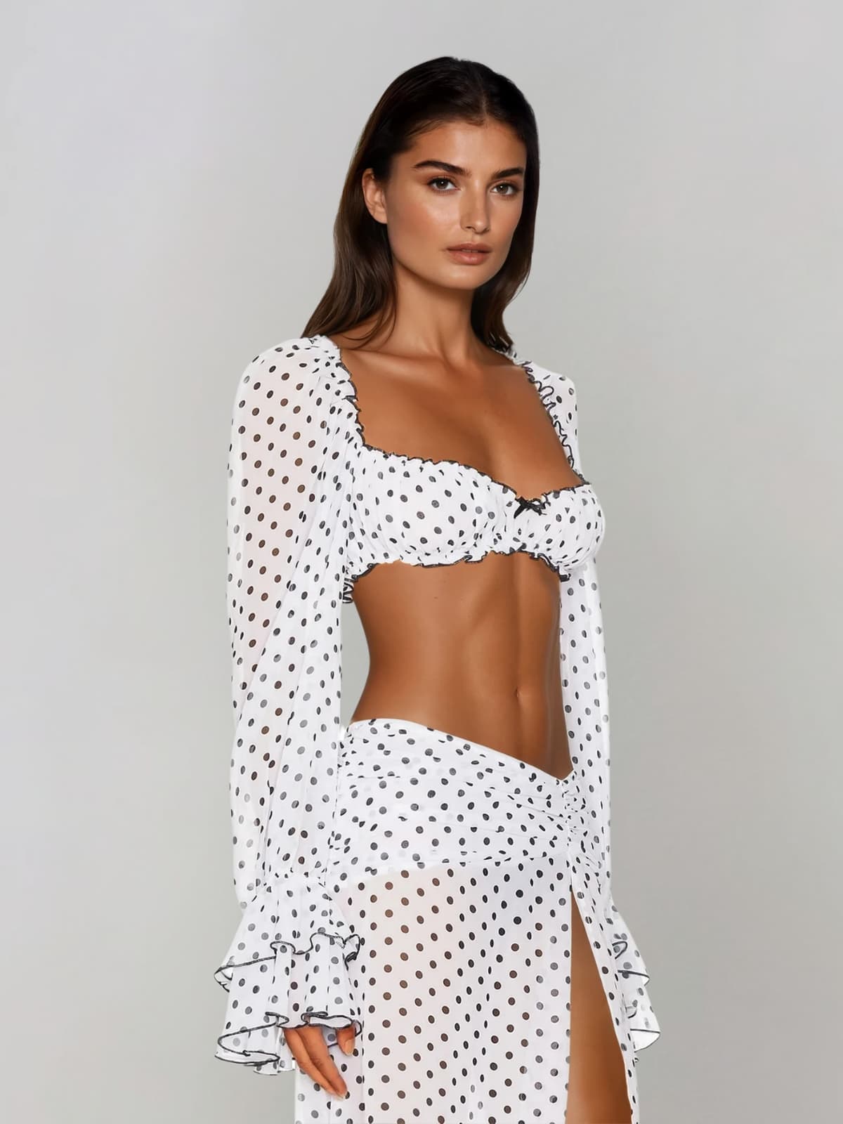 Velqis Ruffle Sleeve Dot Split Skirt Set - Image 3
