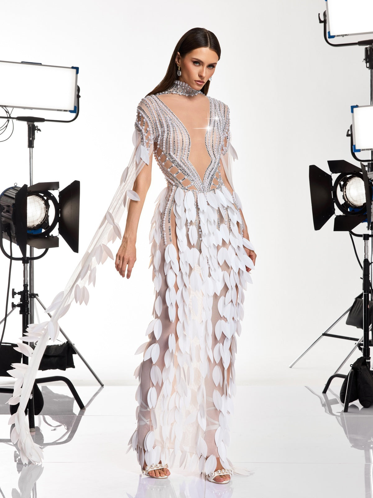 Velune Cape Sleeve Leaf Embellished Maxi Dress - Image 3