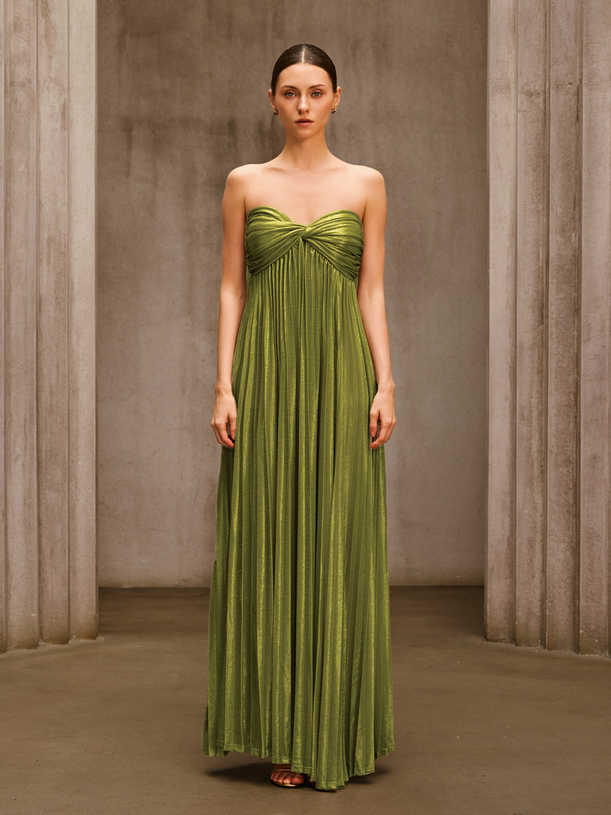 Voidsphere Strapless Pleated Metallic Maxi Dress In Olive - Image 2