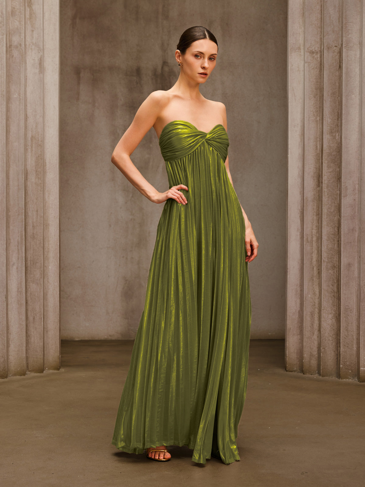 Voidsphere Strapless Pleated Metallic Maxi Dress In Olive - Image 3
