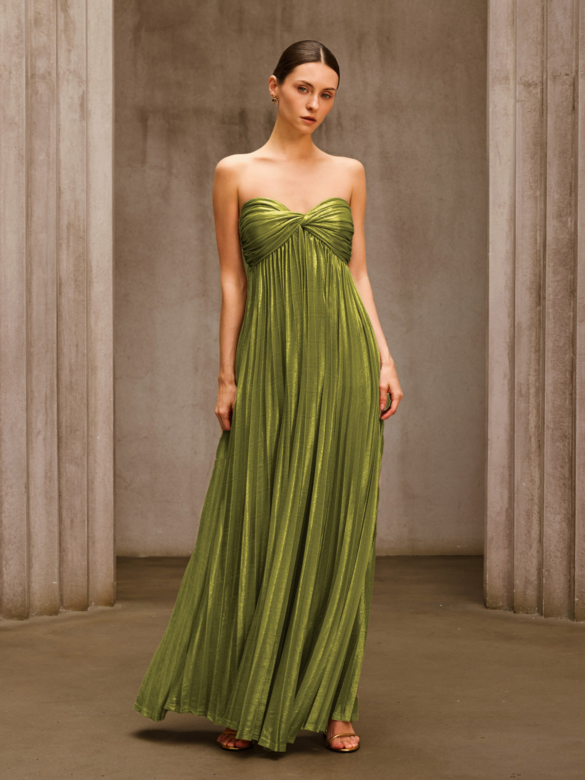 Voidsphere Strapless Pleated Metallic Maxi Dress In Olive - Image 4