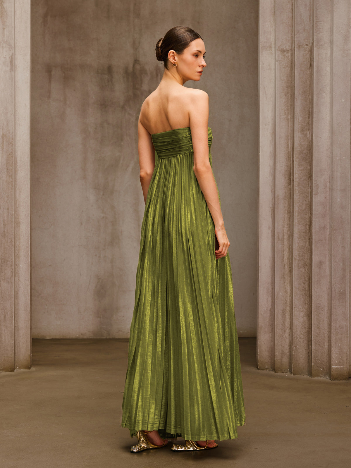 Voidsphere Strapless Pleated Metallic Maxi Dress In Olive - Image 7