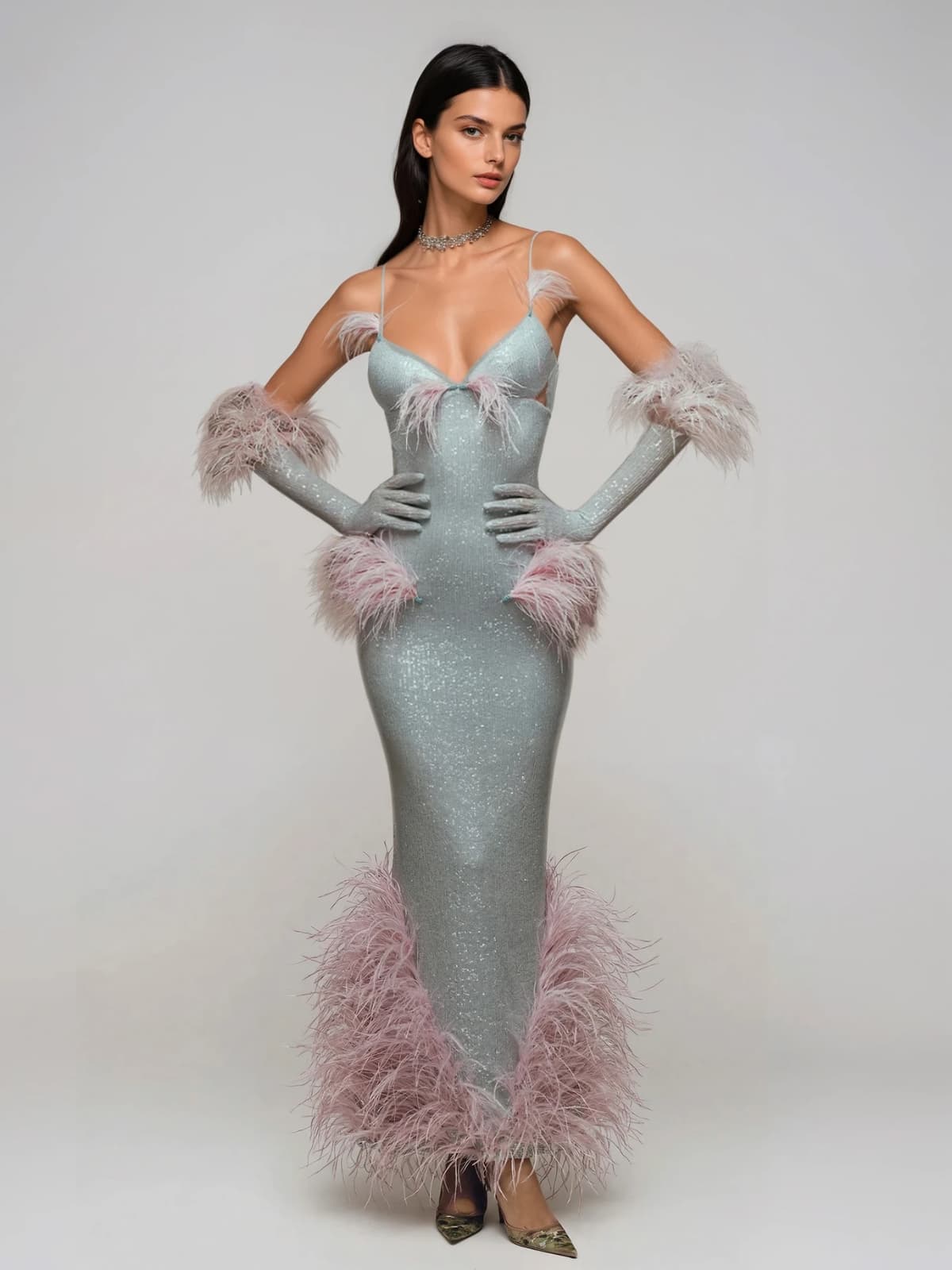 Wesnor Spaghetti Feather Sequin Maxi Dress