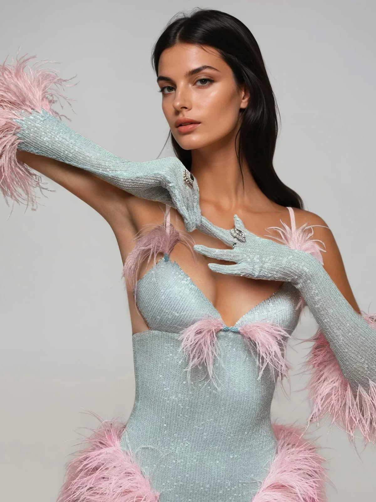 Wesnor Spaghetti Feather Sequin Maxi Dress - Image 3