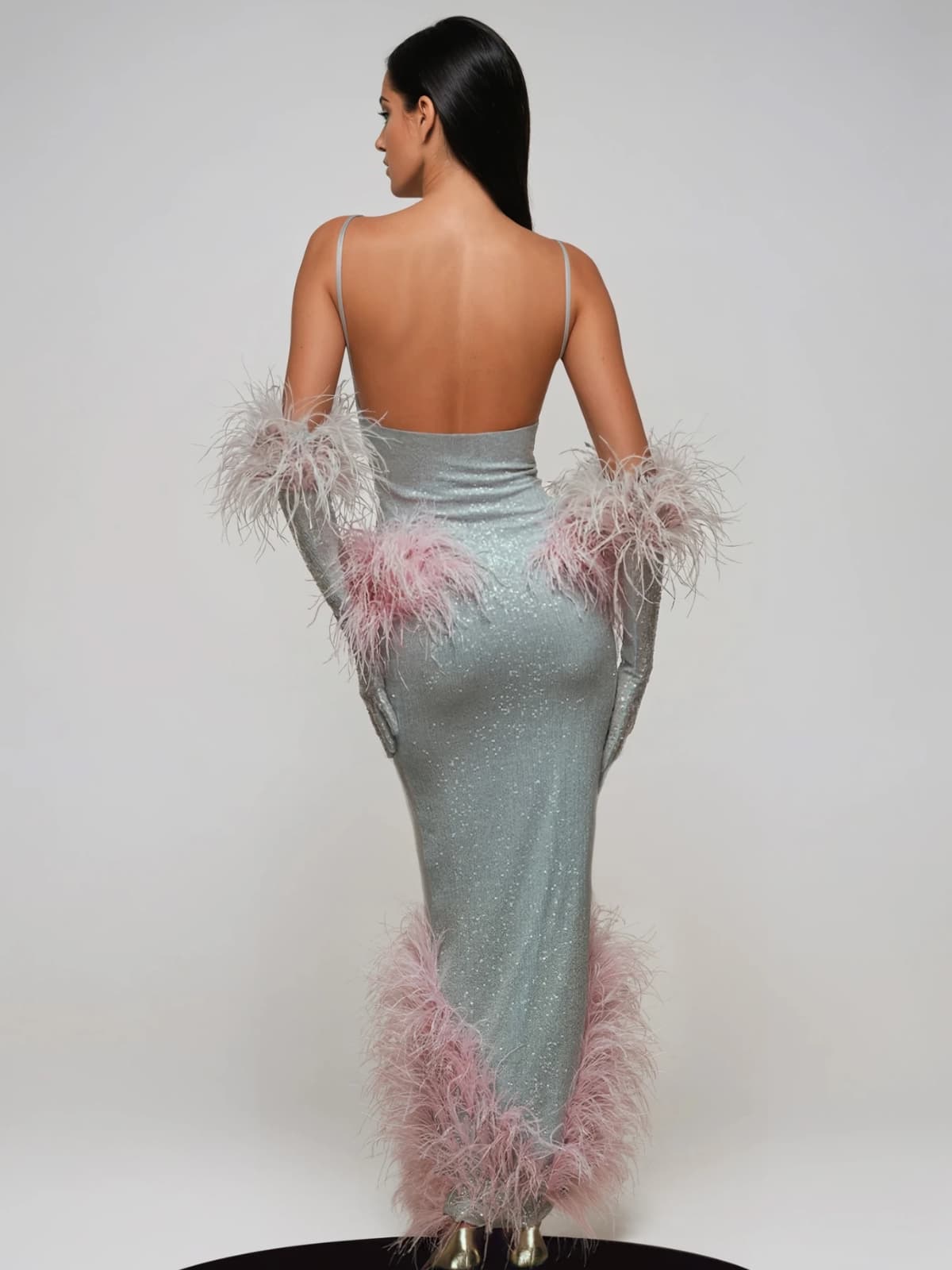 Wesnor Spaghetti Feather Sequin Maxi Dress - Image 5