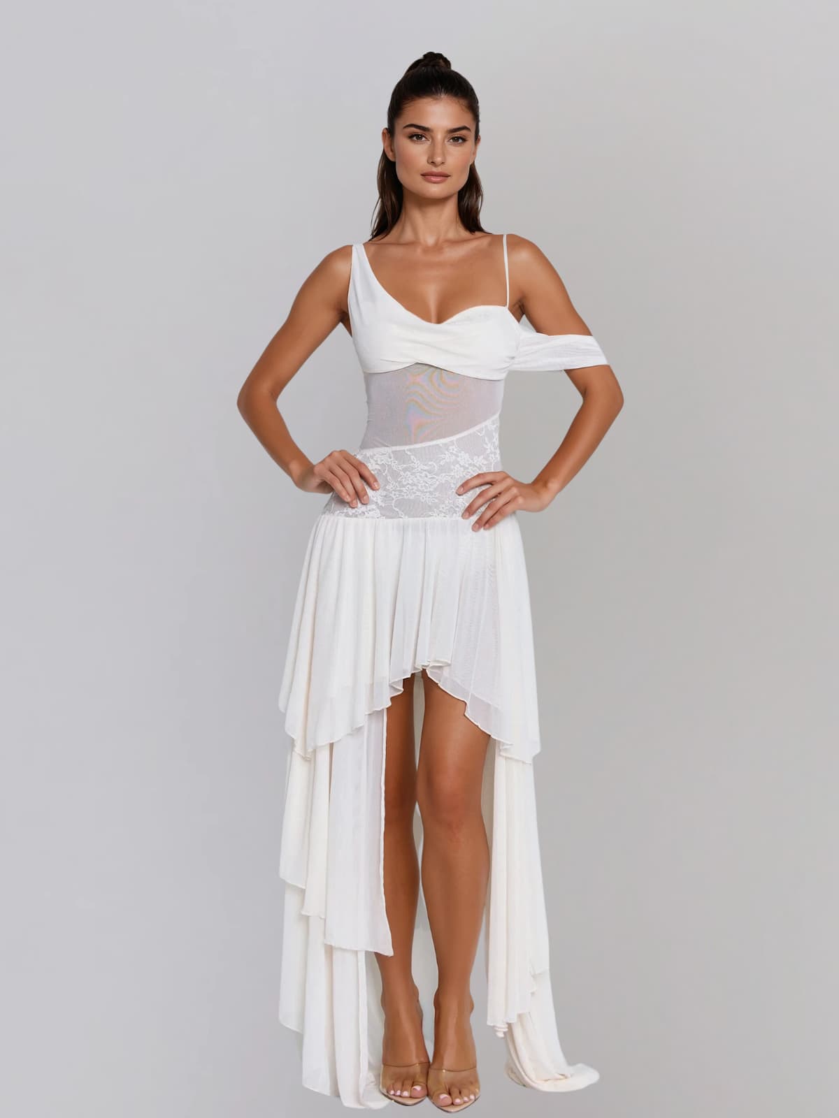 Wynexa Backless High Low Mesh Maxi Dress