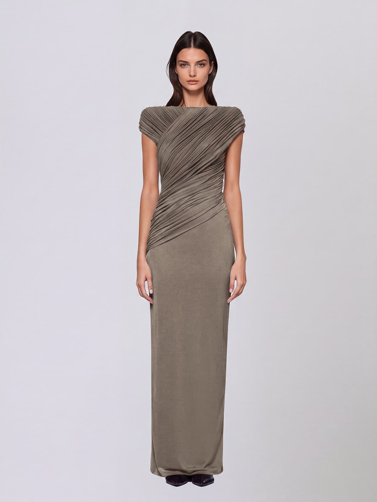 Zavelion Ruched Knit Maxi Dress In Khaki