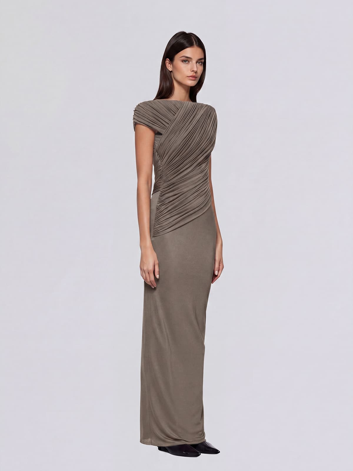 Zavelion Ruched Knit Maxi Dress In Khaki - Image 2