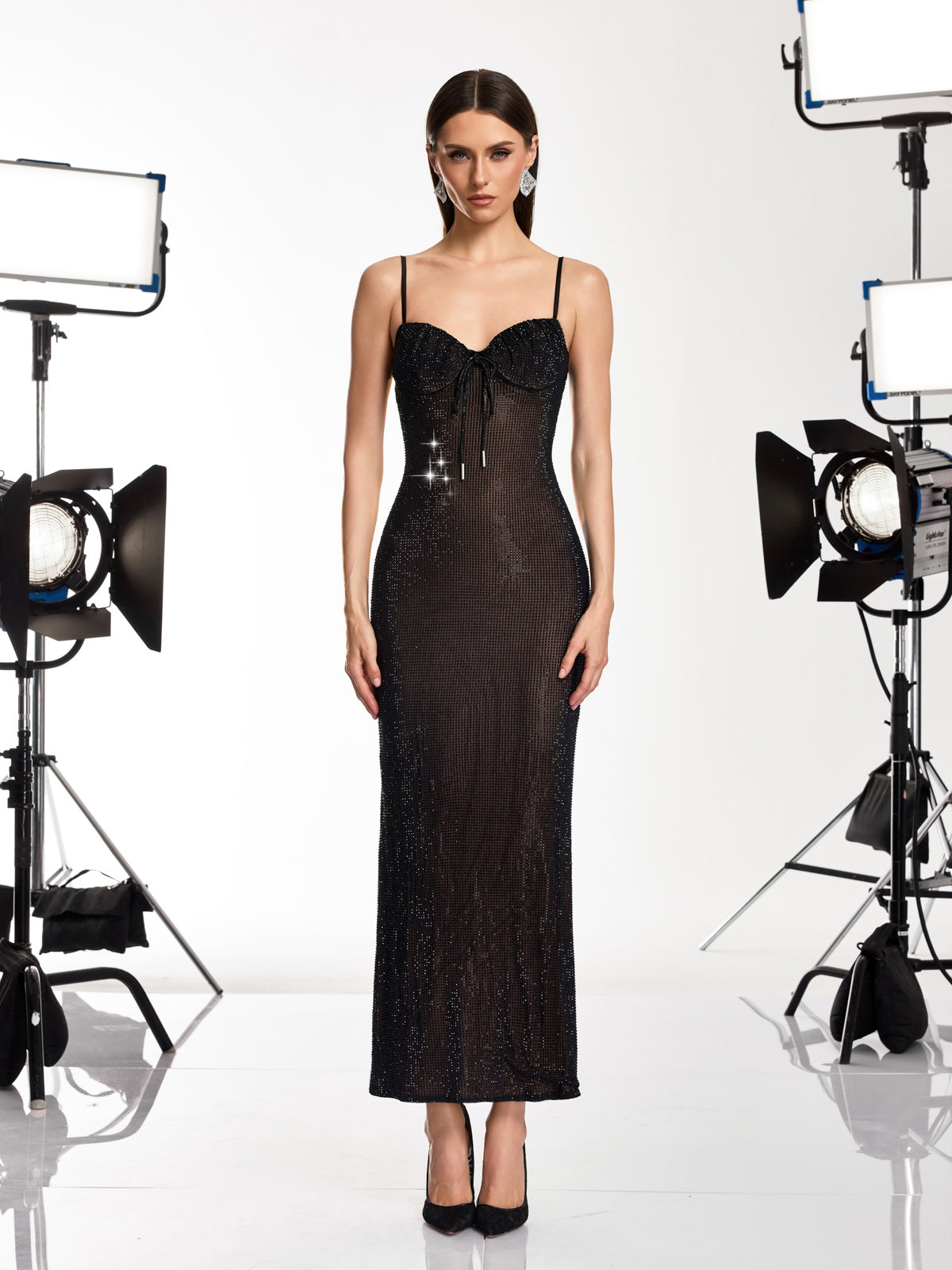 Zelyxra Spaghetti Mesh Rhinestone Maxi Dress