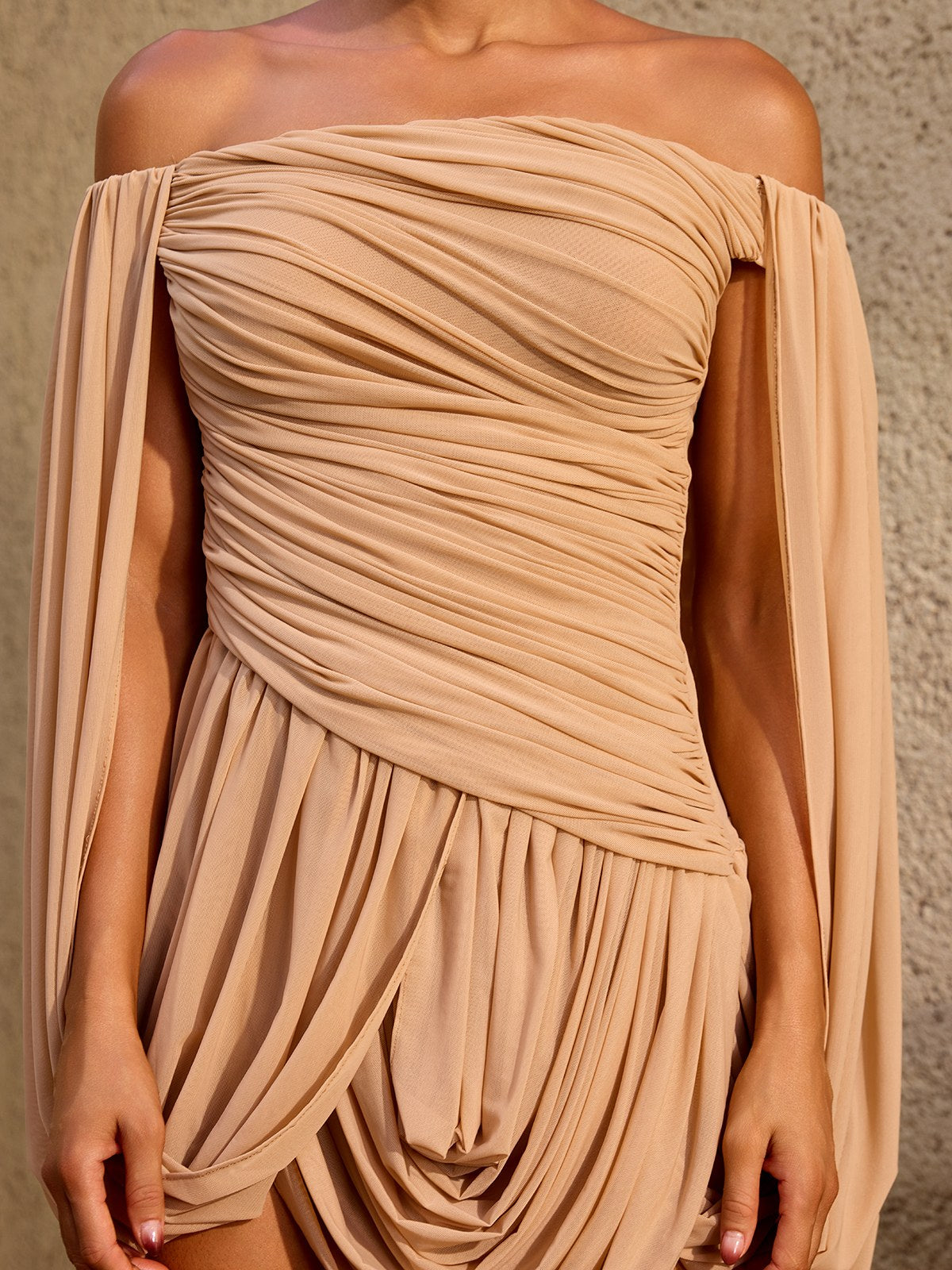 Zoryrin Off Shoulder Ruched Mini Dress In Camel - Image 6